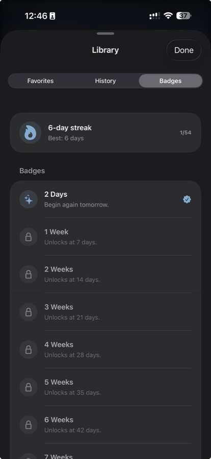 Daily Bible Verses badges screen showing streak progress.