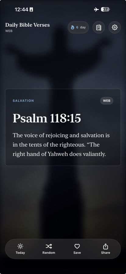 Daily Bible Verses showing a daily verse in the midnight theme.